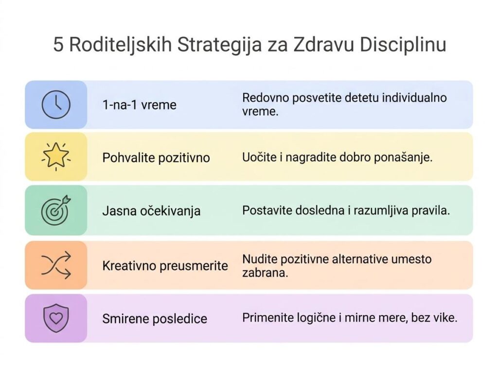 Vizuelna tabela sa 5 strategija za zdravu disciplinu