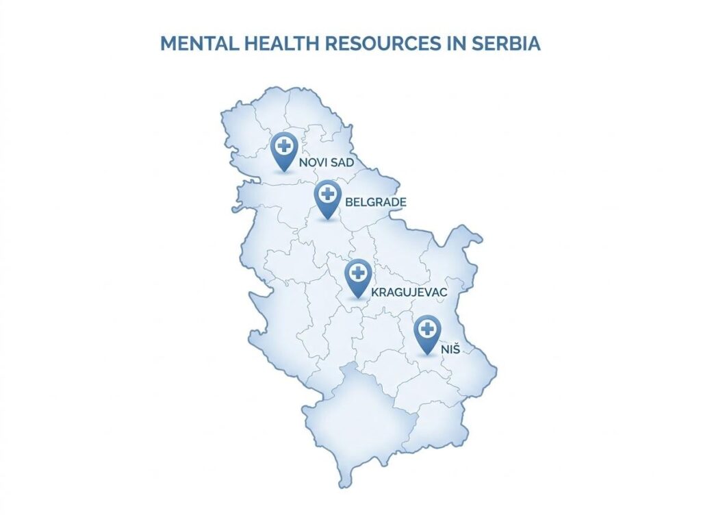 Mapa Srbije sa centrima za mentalno zdravlje - Beograd, Novi Sad, Niš, Kragujevac